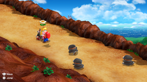 Princess Peach giving Mario a Flower on the Booster Hill of Super Mario RPG.