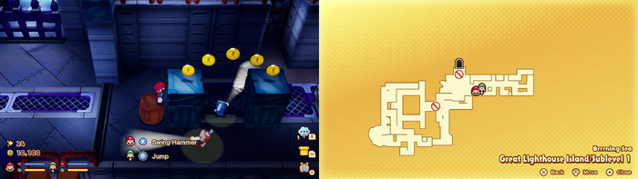 Mario near 5 Coins on Great Lighthouse Island of Brrrning Sea of Mario & Luigi: Brothership.