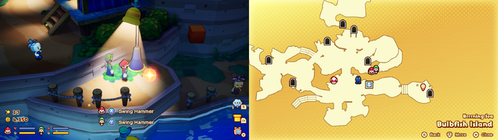 Mario and Luigi near the Oversized Screw on Bulbfish Island of Mario & Luigi: Brothership.