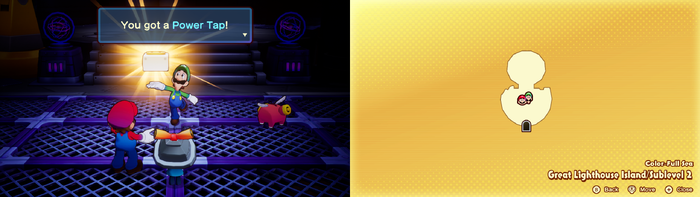 Luigi holding the Power Tap on Great Lighthouse Island of Color-Full Sea of Mario & Luigi: Brothership.