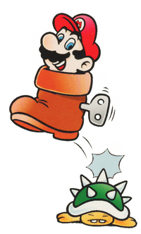 Artwork of Mario in a Goomba's Shoe stomping a Spiny.