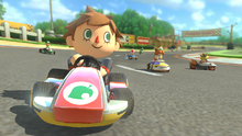 A screenshot of a male Villager in Mario Kart 8