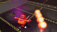 Wario is hit by a Fire Bar in Mario Tennis Fever