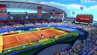 A screenshot of the Marina Stadium (Clay) Court in Mario Tennis Aces