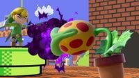 Piranha Plant (in its Putrid Piranha form) attacking Toon Link with poison gas