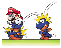 Artwork of Mario stomping on some Rexes, from Super Mario World.