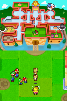 Baby Mario, Baby Luigi and Baby Peach are entertained by Toadsworth and Toadsworth the Younger doing a Spin Jump in Mario & Luigi: Partners in Time