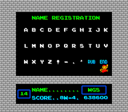 The Name Registration screen in VS. Super Mario Bros.