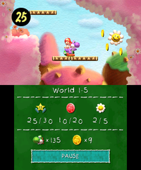 Smiley Flower 3: Appears by hitting the Winged Cloud found shortly after the previous area, at the right of a platform with a Tap-Tap.