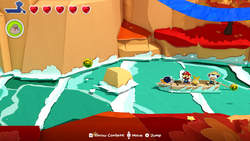 Mario near the first of nineteen 100-Coins in Eddy River of The Origami King.