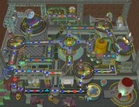 Artwork of E. Gadd's Garage during the nighttime in Mario Party 6