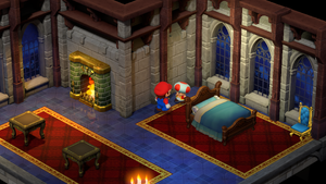 Toad in the guest room of Peach's Castle giving Mario the Wake-Up Pin in the Mushroom Kingdom of Super Mario RPG.