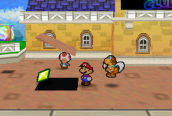 Mario finding a Star Piece under a hidden panel near the Toad Town dock in Paper Mario