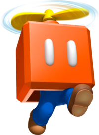 Artwork of Mario jumping within a Propeller Box, from Super Mario 3D Land.