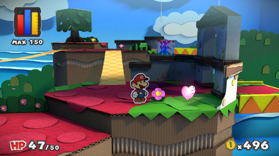 Mario near a Heart in Ruddy Road of Paper Mario: Color Splash.
