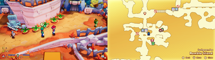 Mario and Luigi near 5 Plug Radishes containing 15 Coins on Rumbla Island of Mario & Luigi: Brothership.