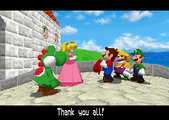 Peach thanking Yoshi, Mario, Luigi, and Wario for saving her