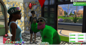 Wario's Friend is signifying that he is overheating via his animations and the sun uncomfortable moodlet. He is also pretty stinky on top of it. Heavens knows how much he is sweating underneath that get-up and how he actually smells like.