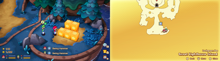 Mario and Luigi near wooden crates containing 4 Coins and a Five Coin on Great Lighthouse Island of the Lushgreen Sea of Mario & Luigi: Brothership.
