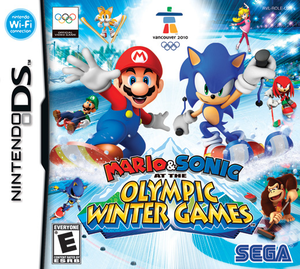 Official cover art for the Nintendo DS version of Mario & Sonic at the Olympic Winter Games.