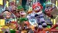 Baby Rosalina (Detective), Luigi (Lederhosen), Mario (Baseball), Waluigi (Bus Driver), and Mario (Musician) tricking on the course