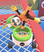 The Lemmy Mii Racing Suit performing a trick.