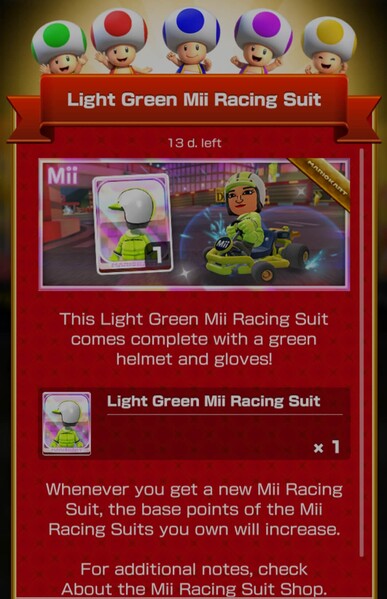 File:MKT Tour99 Mii Racing Suit Shop Light Green.jpg