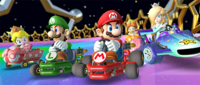 Mario, Luigi, Baby Peach, Baby Daisy, and Rosalina participating in the Space Tour's 2-Player Challenge in Mario Kart Tour
