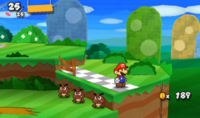 Mario skips an encounter with a trio of Goombas using the album in Paper Mario: Sticker Star.
