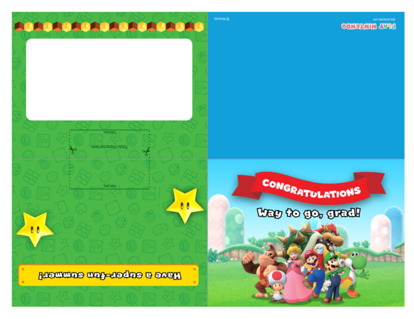 Printable sheet for a graduation card featuring Mario, Luigi, and other Super Mario characters
