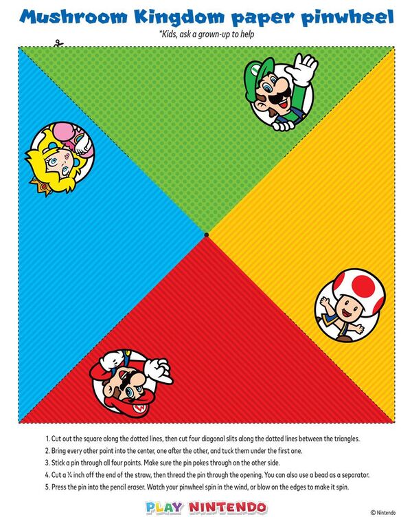 Printable sheet for a pinwheel featuring Mario, Luigi, Princess Peach, and Toad