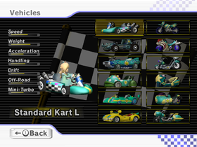 A screenshot of Rosalina's vehicle roster in Mario Kart Wii.