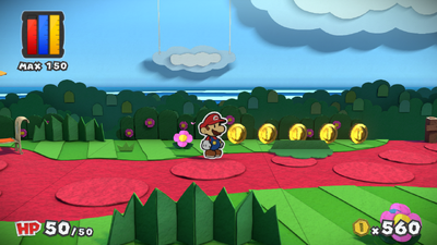 Mario near a collapsed bush with 5 Coins in Ruddy Road of Paper Mario: Color Splash.