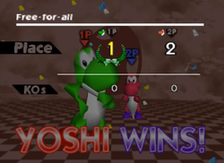 Screenshot of one of Yoshi's victory screens in Super Smash Bros.