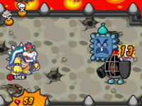 Bowser sick during a battle with a Sniffle Thwomp and a Jailgoon in the underground area of Bowser Castle
