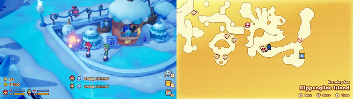 Mario and Luigi near a Sprite Bulb Nest on Slippenglide Island of Mario & Luigi: Brothership.