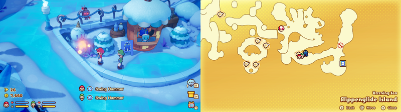 Mario and Luigi near a Sprite Bulb Nest on Slippenglide Island of Mario & Luigi: Brothership.