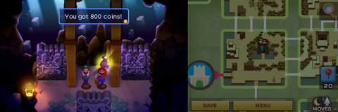 Mario getting a coin bag with 800 Coins found inside of a rock in Beanbean Fields of Mario & Luigi: Superstar Saga + Bowser's Minions.