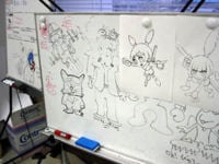 Concept art of several WarioWare characters at a board, from left to right: Dr. Crygor, Spitz, Jimmy T., Ana, Dribble (mostly covered), Kat and Orbulon.