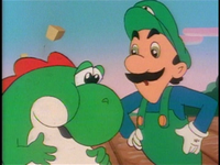 Luigi scolds Yoshi for eating the crops.