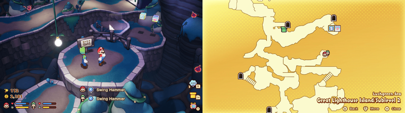 Second hidden block in the Lushgreen Sea Great Lighthouse Island from Mario & Luigi: Brothership.