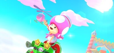 Sky-High Sundae R/T: Toadette (Sailor) doing a Jump Boost, looking as though she is touching the course's background helicopter