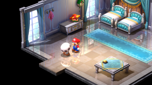 Suite guest giving Mario a gift for doing a good job as a bellhop in the hotel in Marrymore of Super Mario RPG.