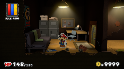 Mario near the Snifit's Card Key in Mustard Café of Paper Mario: Color Splash.