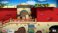 Mario near a barrel containing 5 Coins in Port Prisma of Paper Mario: Color Splash.