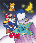 Artwork scene of Mario, Blue Yoshi, and red and yellow Mini-Yoshis in Star World, from Super Mario World.