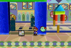 Mario finding Cookbook dropped by a Gourmet Guy in Shy Guy's Toy Box of Paper Mario.