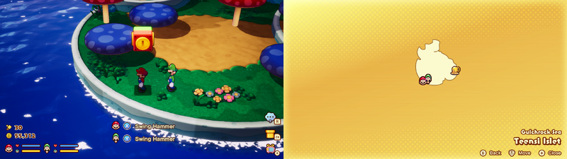 Mario and Luigi under the Coin Competition Block on Teensi Islet of Mario & Luigi: Brothership.
