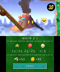 Smiley Flower 5: After a field with two Shy Guys and an Egg Plant in the Fire Wanwan Dosun area, there are two solid seesaws that lead to the Goal Ring. If Light-Blue Yoshi tips the second seesaw to the right, two rows of coins spawn ahead. Tossing an egg in the direction of these coins will reveal a hidden Winged Cloud which, when hit, produces the fifth Smiley Flower.
