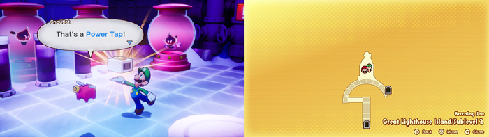 Luigi holding the Power Tap on Great Lighthouse Island of Brrrning Sea of Mario & Luigi: Brothership.
